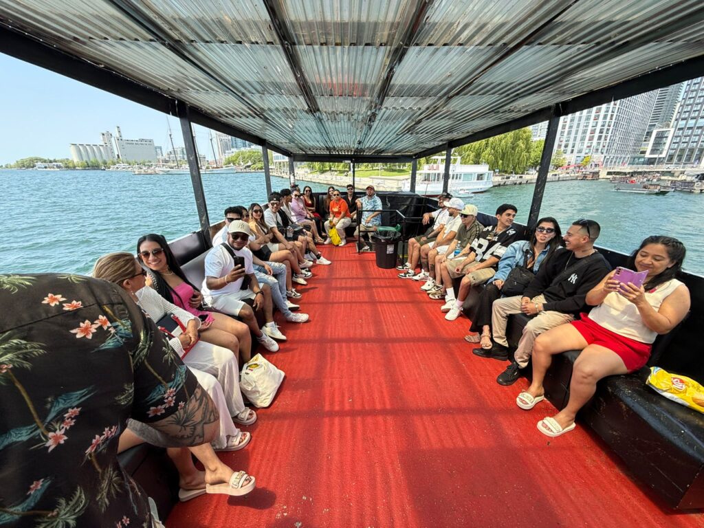 Guests gathered along the covered deck