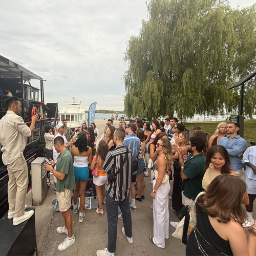 Guests gathering beside the dock